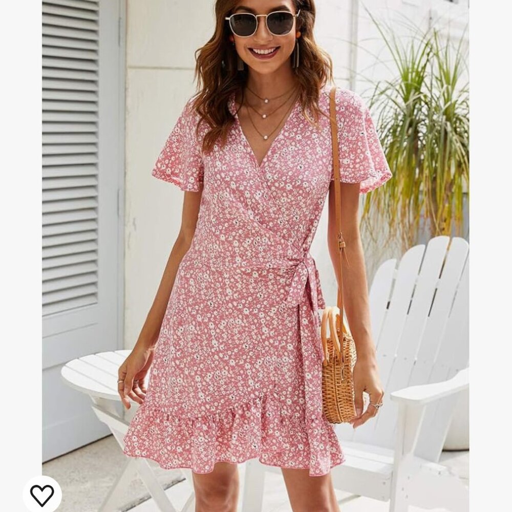 Women's Summer Wrap V Neck Floral Dress - SIZE M